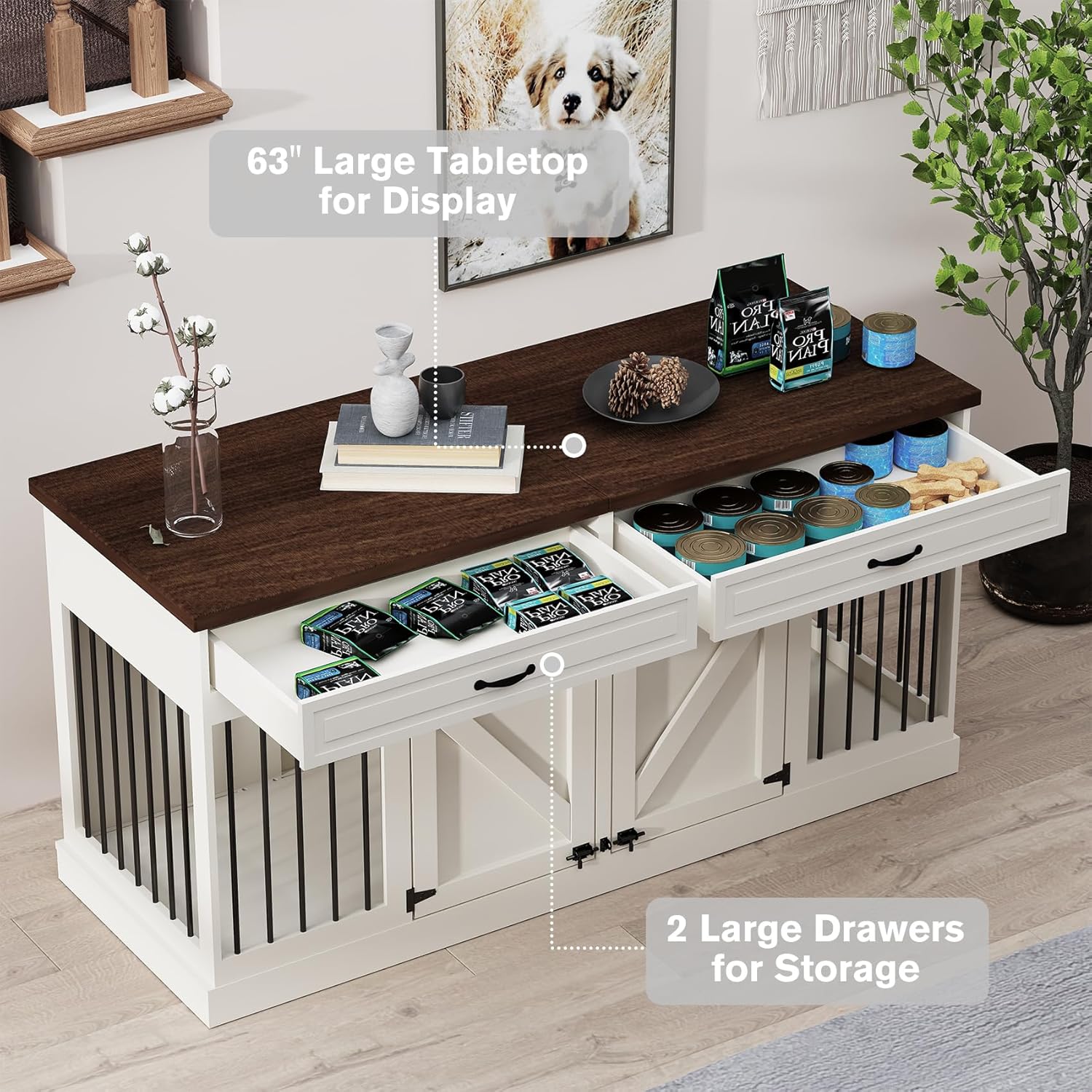 Dog Crate Furniture - Indoor Heavy Duty Wooden Furniture Style Dog Crate with 2 Doors, Room Divider and 2 Drawer - 63" Lx23.6 Wx31.5 H, White