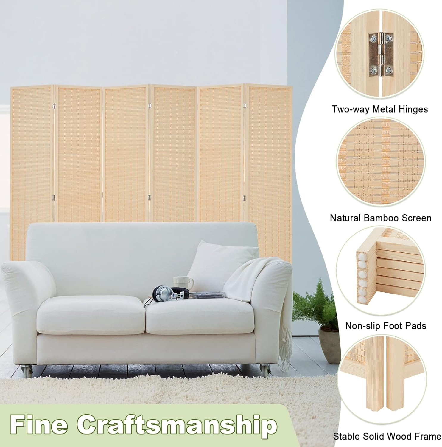 HADDOCKWAY 6 Panel Bamboo Room Divider Wall 6FT Tall Folding Privacy Screens Room Dividers Decorative Partition Wall Dividers for Office, Bedroom, Apartment