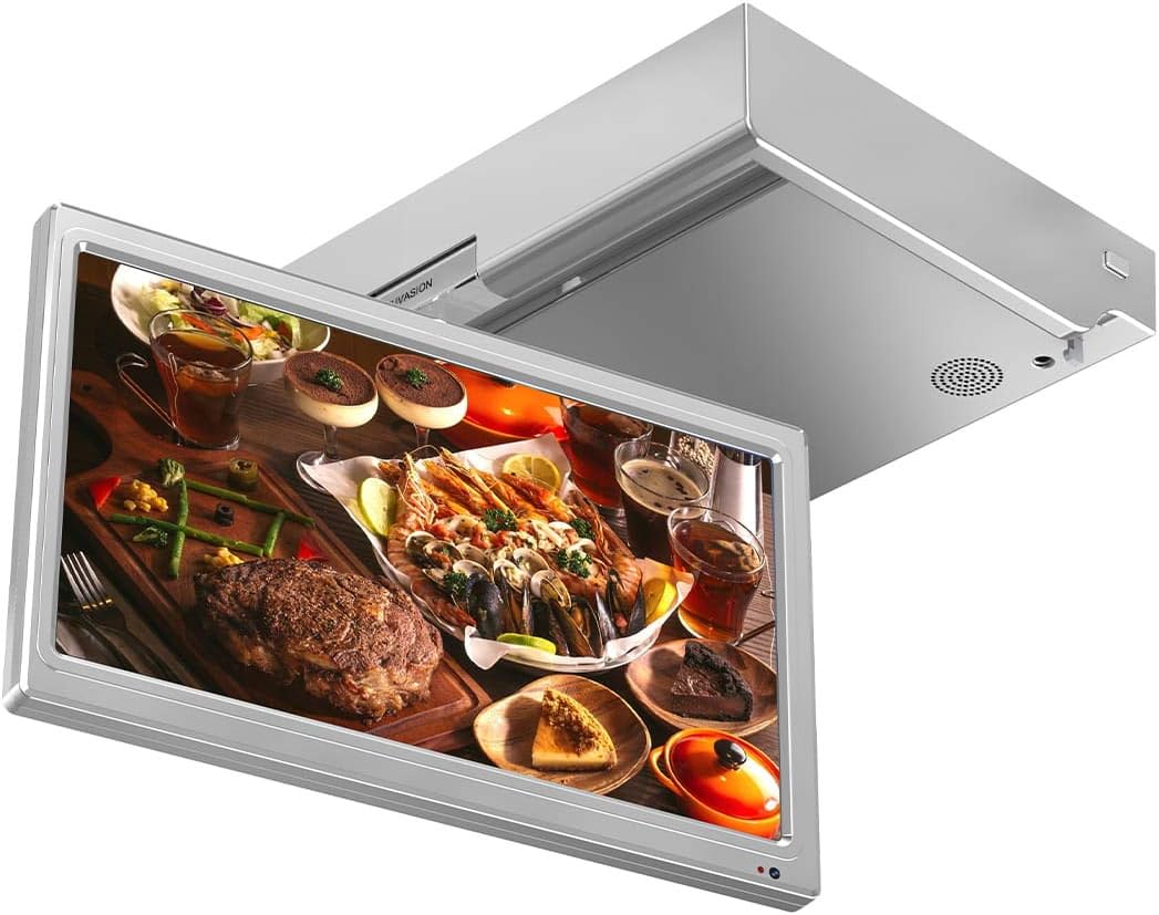 15.6 Inches 1080p Flip Down Kitchen TV, Under Cabinet Kitchen TV, FHD Screen, Glossy Silver Grey, Built-in ATSC+NTSC Tuner, HDMIx2, USB