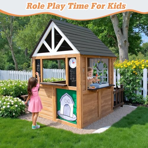 Kids Outdoor Playhouse,Cedar Gray Wooden Play House for Kids Ages 3-8, with Play Kitchen, Interactive Doorbell, Toy Phone, Sink, Flowerpot