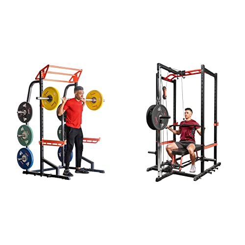 Sunny Health & Fitness Power Zone Half Rack Heavy Duty Performance Power Cage with J-Hooks, Adjustable Pull Up Bar Optional Bench with Dumbbell Rack, Premium Incline Bench, LAT Pull Down Attachment