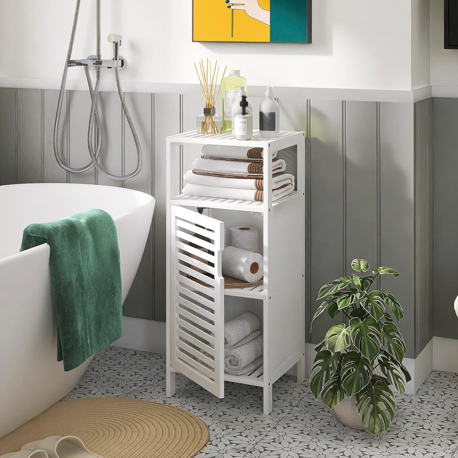 Bamboo Bookshelf Wall Cabinet Small Floor Cabinet Freestanding, Bathroom Storage Organizere with Adjustable Shelves and 4 Hanging Hooks, White