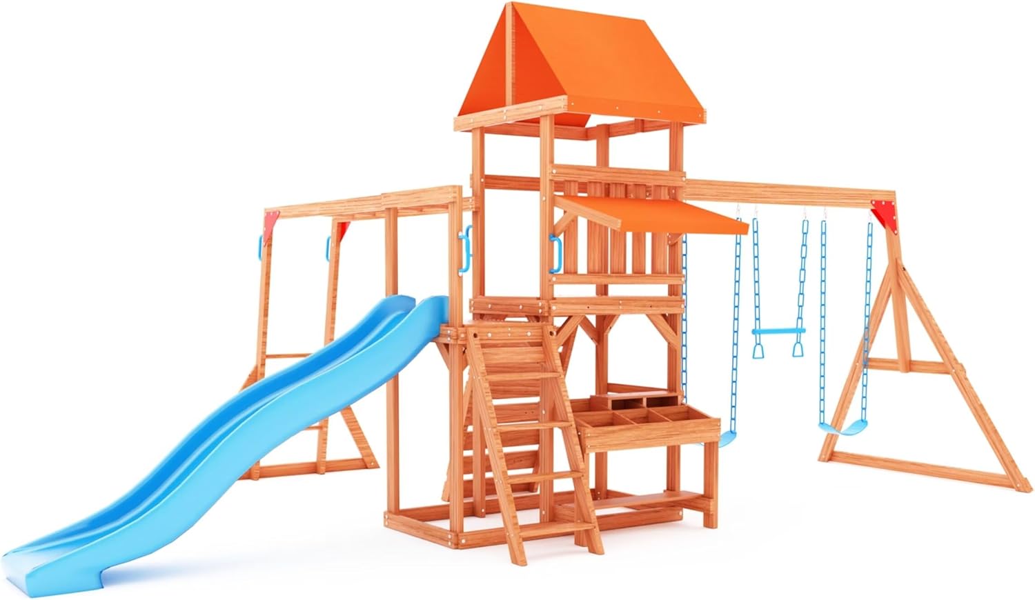 Dolphin Playground Swing Sets for Backyard with Monkey bar, Wooden Playground Sets for Backyards with 8FT Wave Slide, Multi-Functional Shelf, 2 Belt Swings, Outdoor Playset for Kids 3-10