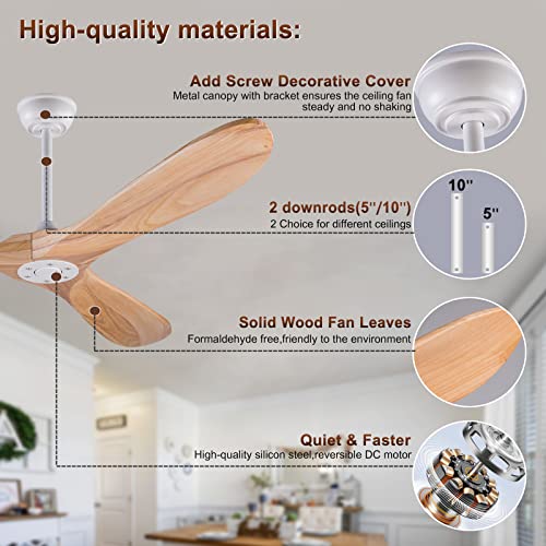 60 inch Ceiling Fans without Light, Solid Wood Ceiling Fan with Remote Control Modern Ceiling Fan no Light, Indoor Outdoor Ceiling Fans for Patios Living Room Bedroom Farmhouse Gazebo