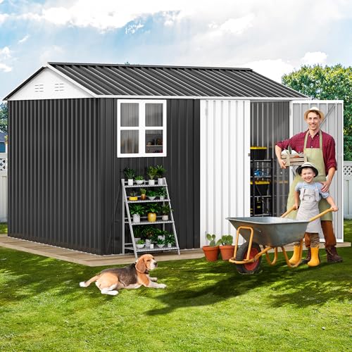 DWVO 10x8 FT Outdoor Storage Shed - Spacious Garden Tool Shed with Lockable Door - Durable Metal Yard Shed for Garden, Patio, and Backyard (Dark Gray)