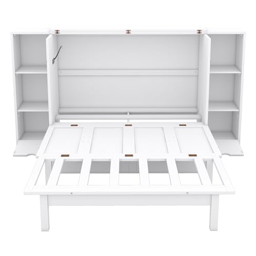 Full Size Murphy Wall Bed With Storage and Bookcase Headboard, Solid Wood Cabinets With Shelves, Drawers and USB Ports, Multi-Function Platform for Home Office, Guest Room - White
