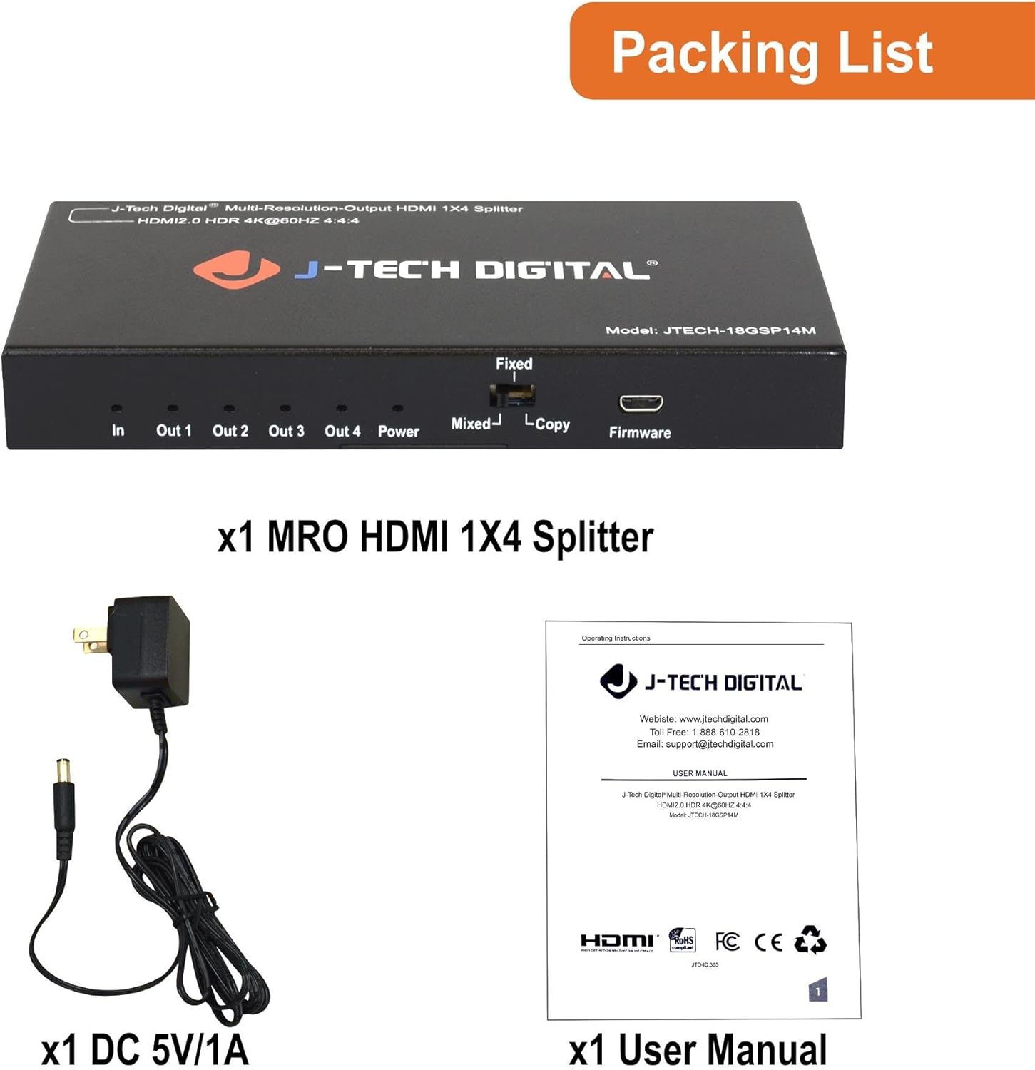 J-Tech Digital Scaler/Multi-Resolution Output (MRO) 18GBps 1x8 HDMI 2.0 Splitter HDR10/Dolby Vision 4K@60Hz 4:4:4 [JTECH-18GSP18M]