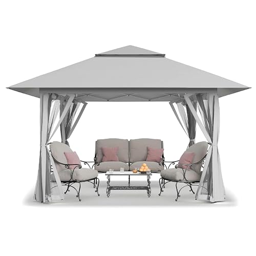 CROWN SHADES 13x13 Pop Up Gazebo, Canopy Tent, Gazebos on Clearance - Outdoor Gazebo for Backyard & Patio Furniture - Carpa Pop Up Tent with Wheeled STO-N-Go Cover Bag (Grey)