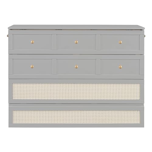 Queen Size Murphy Bed, Murphy Cabinet Bed with Large Drawer, Can Be Foldable, Space Saving, Wooden Low Bedframe for Bedroom, Apartment (White, Queen)