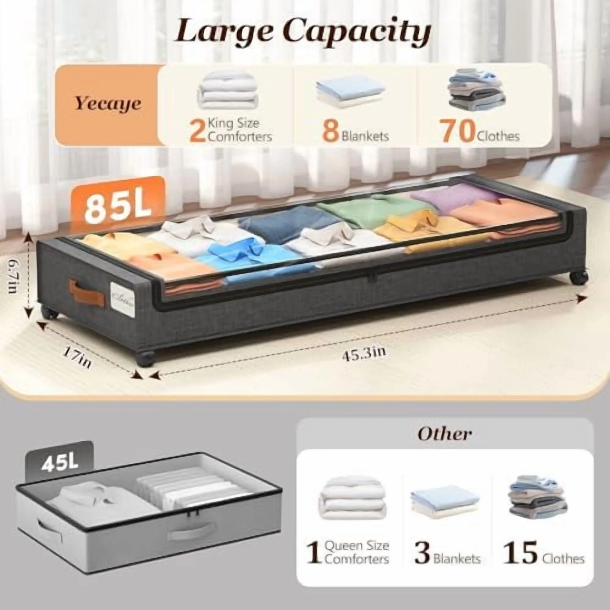 Under Bed Storage with Wheels 2 Pack, 85L Extra Large Under Bed Storage Containers with Metal Frame &amp; Clear Lid, Rolling Underbed Organizer Bins Drawers for Clothes, Shoes, Blankets, Hemp Grey
