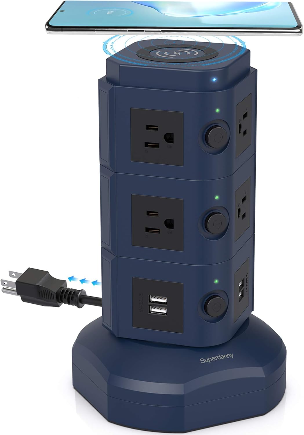 Power Strip Tower, SUPERDANNY Surge Protector Tower with 15W Magnetic Wireless Charger, 1050J, 13A Charging Station with 12 AC Outlets & 6 USB Ports, 6.5ft Extension Cord for Home Office, Gold Pack of 2