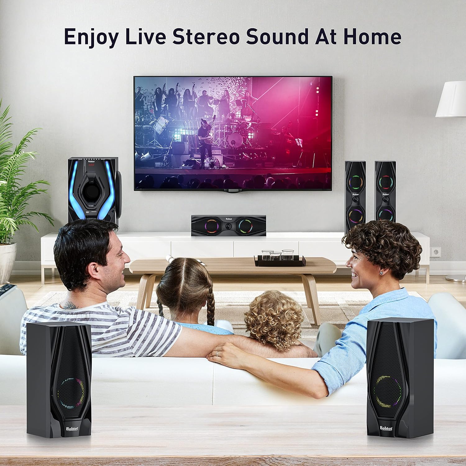 Bobtot Surround Sound Speakers 1200W Peak Power Home Theater System with RGB Lights - 10" Subwoofer 5.1/2.1 Wired Stereo System Strong Bass Bluetooth Input Home Audio System