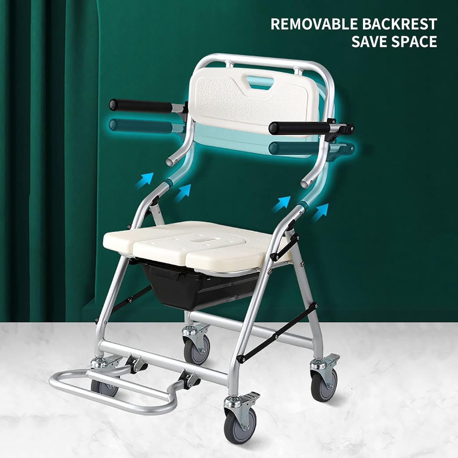 KOHARA Toilet Chair Mobile Shower Chair Elderly Household Bath Chair Toilet Stool 4-Wheel Brake Height Adjustable Wheelchair Bedside Commode Toilet Chair with Back Toilet Chair
