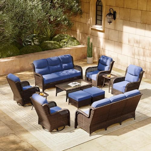 Luxury Patio Furniture Set with 6-inch Thick Cushion, Outdoor Couch and High Back Swivel Rocker Patio Chairs, 7PCS Wicker Conversation Set for Deck, Yard, and Poolside in Blue (V2)