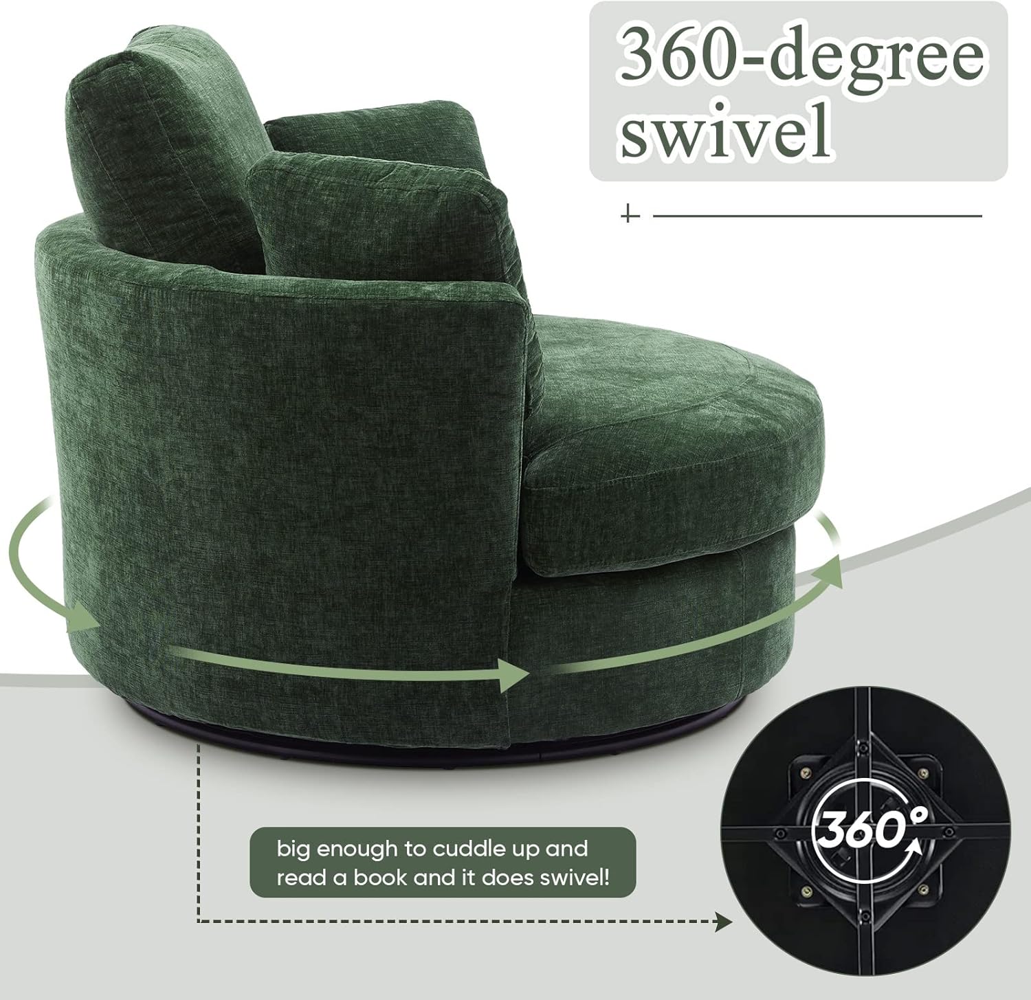 Oversized Swivel Chair Living Room Lounge, Modern Round Swivel Barrel Chair Bedrooms Club Chairs Boucle Upholstered Circle Big Accent Corner Chair with 3 Pillows(Green Chenille)