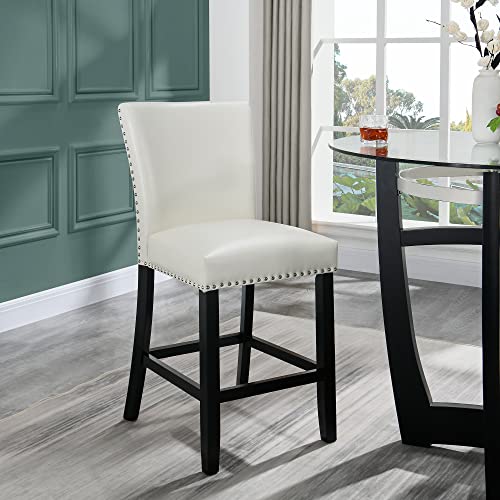 Glass Counter Height Bar Table Stools Set of 2, 42" Round Tempered Glasstop Counter Height Table Stools Set 26"H Barstools Chairs with Upholstered Back for Bar Kitchen Restaurant, Ivory White