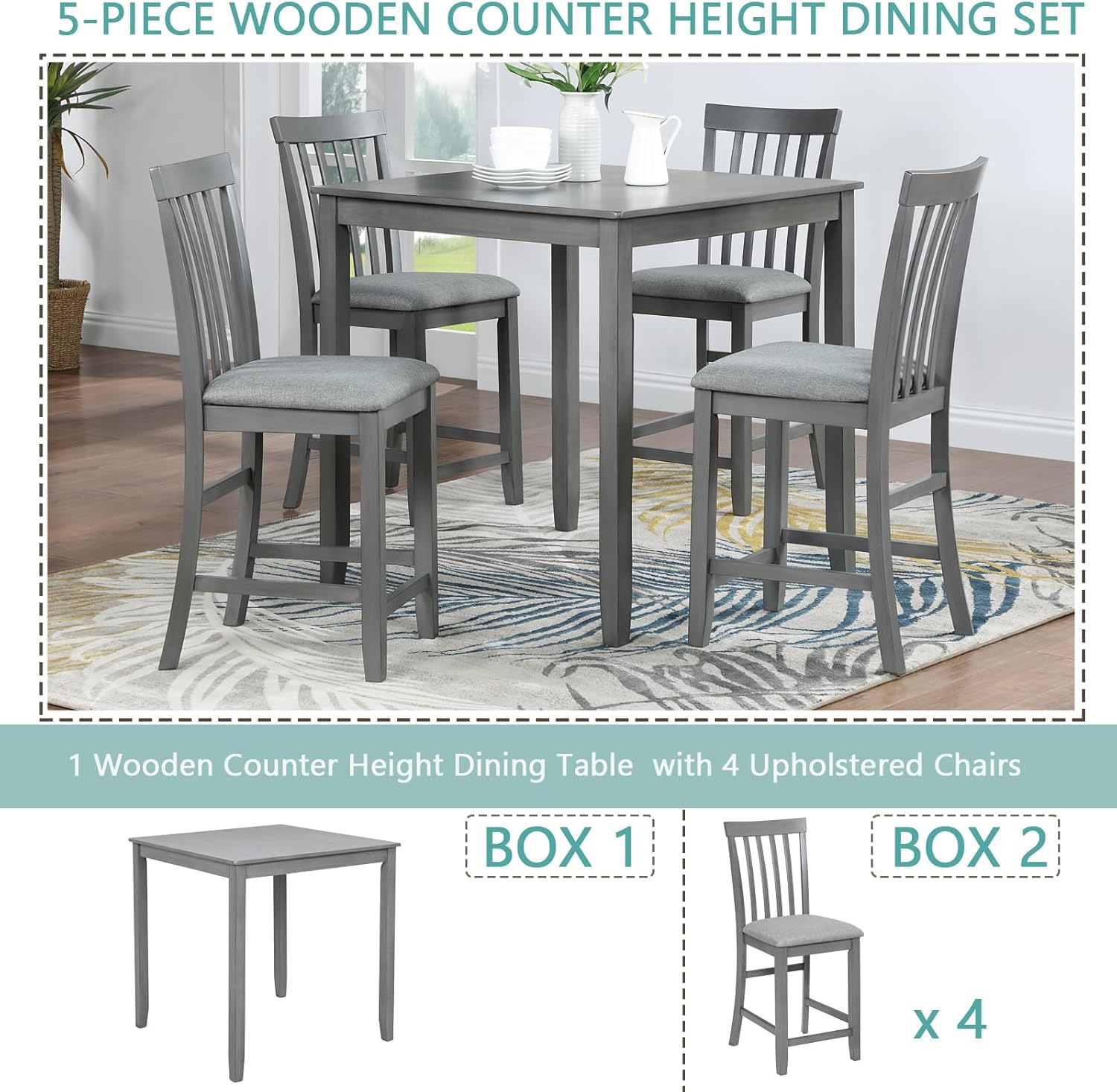 5 Piece Counter Height Dining Table Set for 4, Farmhouse Kitchen Table Set with 4 Vertical Back Upholsterd Chair, Space Saving High Top Table and Chair for Dining room, Kitchen, Pub (Dove Gray)