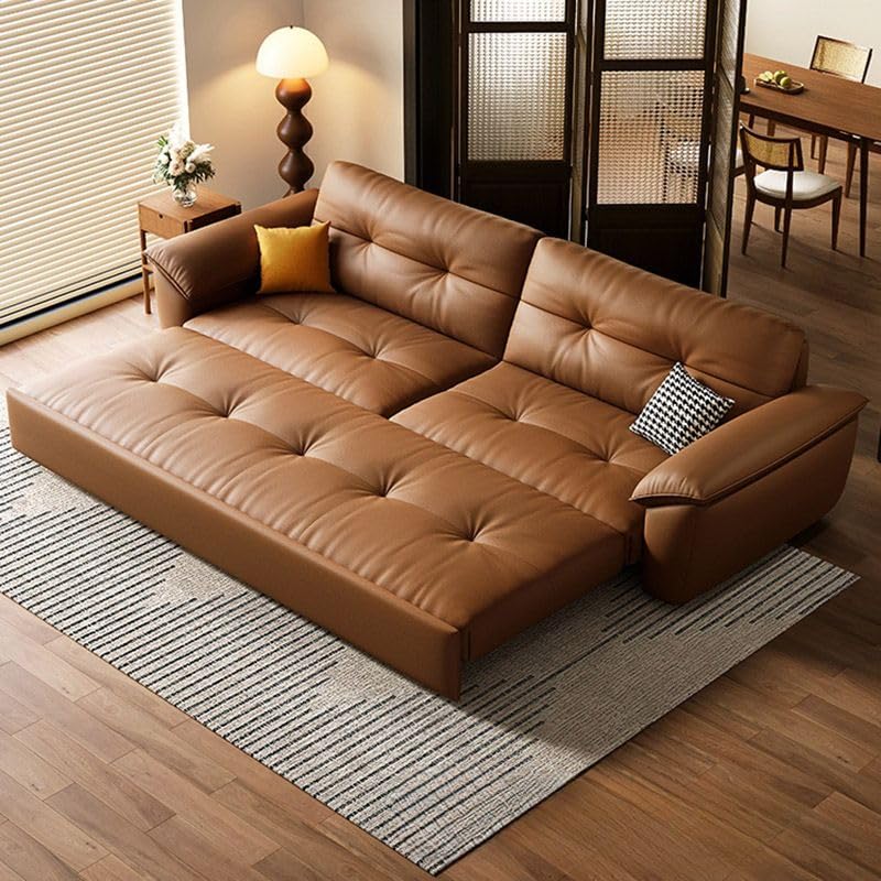 CraftThink Convertible Sleeper Sofa Bed, Modern Brown Genuine Leather Futon Sofa Bed with Tufted Back, Casters, and Pillow Included for Living Room Bedroom, Storage Included 81" L x 33.5" D x 35" H