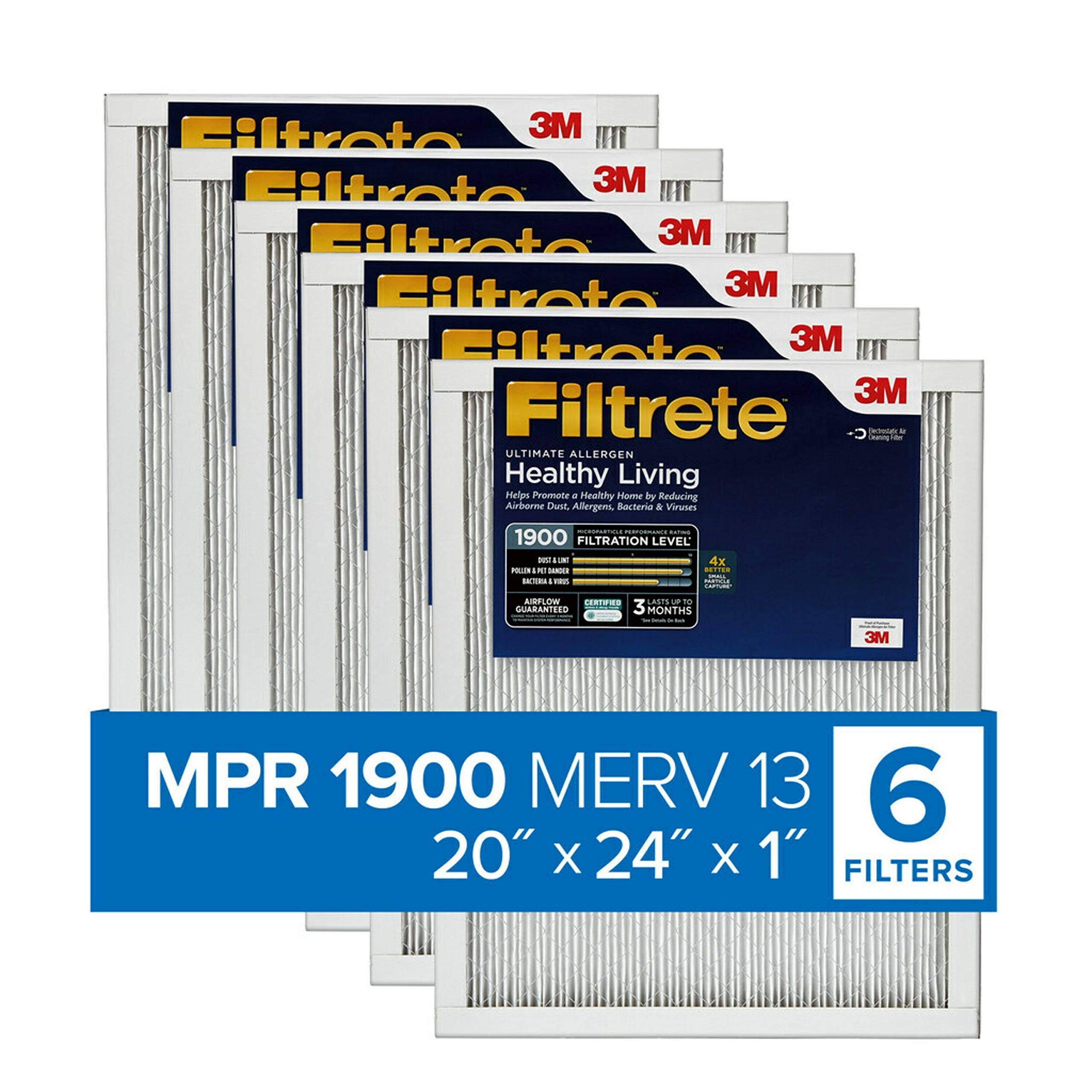 Filtrete 20x24x1, AC Furnace Air Filter, MPR 1900, Healthy Living Ultimate Allergen, 6-Pack
