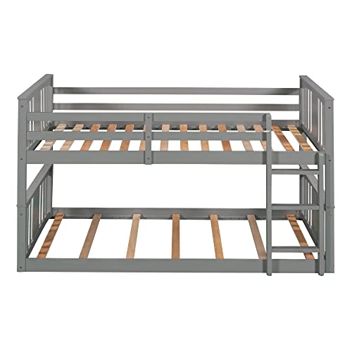 Harper & Bright Designs Low Bunk Bed for Kids Teens, Solid Wood Twin over Twin Floor Bunk Beds with Ladder and Guard Rail (New, Gray)