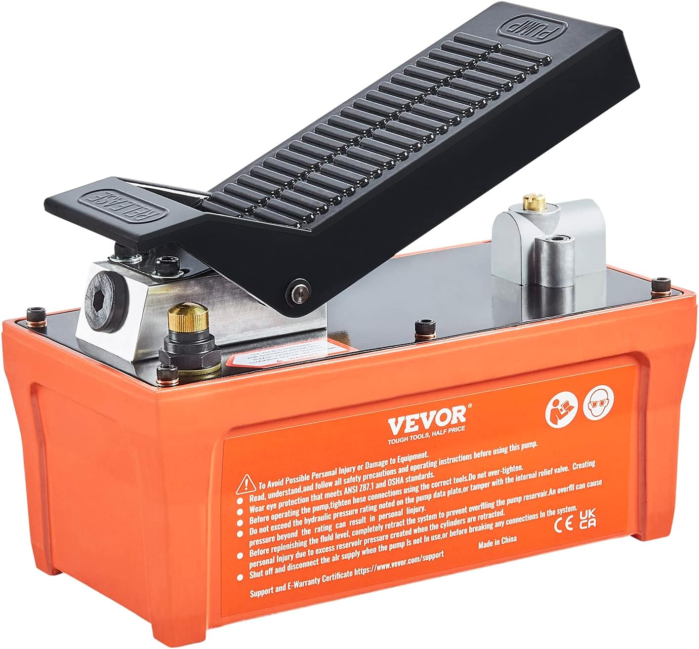 VEVOR Air Hydraulic Pump, 10,000 PSI 1/2 Gal Reservoir, NPT 3/8" Oil Outlet, NPT 1/4" Inlet, 6.6 ft Pipe, Foot Actuated Hydraulic Pump Air Treadle for Auto Body Frame Machines and Pulling Post, Orange
