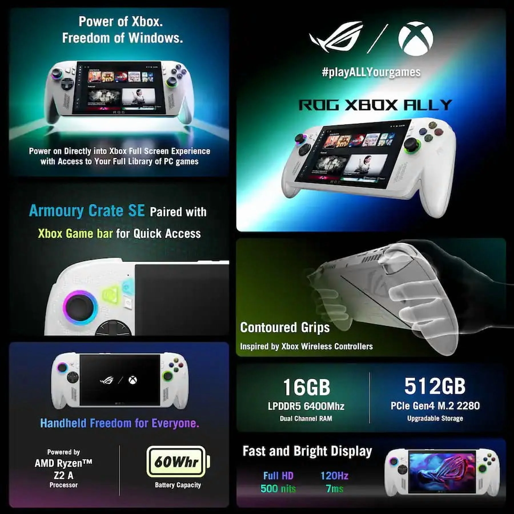 ASUS ROG Xbox Ally 7" FHD Gaming Handheld Console, 120Hz IPS LED Touch Screen, AMD Ryzen Z2 A Processor, 16GB with 512GB SSD, Windows 11, with 5ave 3-in-1 Kit