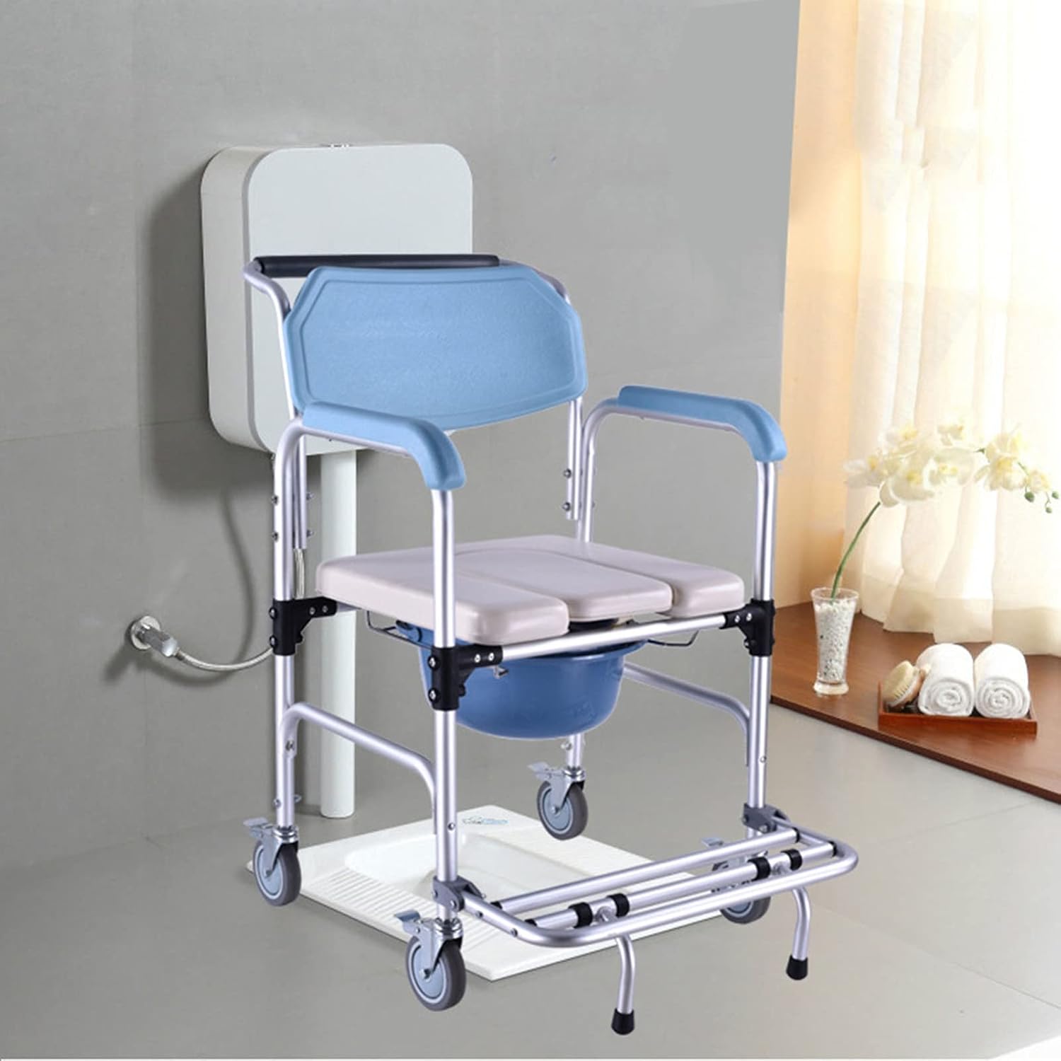 KOHARA Wheelchair, Shower Chair Toilet Bathtub Bedside Commode Seat Chair, Shower Wheelchair Portable Toilet, Bathroom Anti-Slip Bedside Chair, Wheeled Commod with Footrests