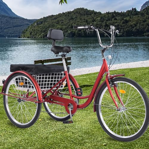 Versatile 24/26-Inch 3-Wheel Adult Tricycle with 7-Speed Gearing and Spacious Basket for Comfortable Riding and Storage for Recreation, Shopping, Picnics