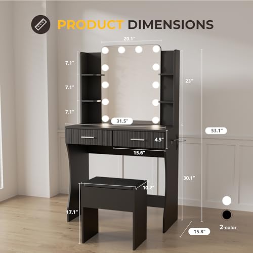 Vanity Desk with LED Lighted Mirror, Makeup Vanity with 3 Adjustable Lights, 2 Large Drawers and 4 Open Shelves, White Vanity with Storage Stool for Bedroom