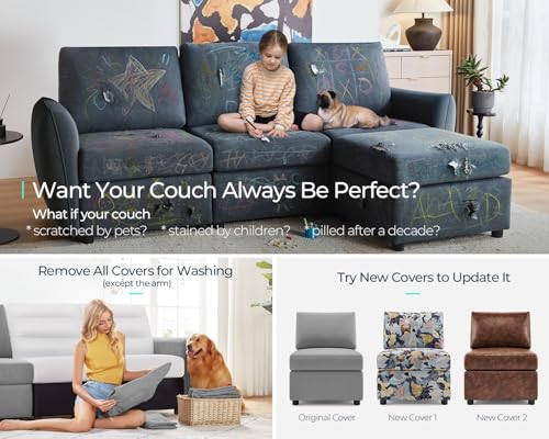 LINSY HOME Modular Sofa, All Covers Washable Changeable Sectional Couch with Storage & Memory Foam, U Shaped 4 Seat Sofa with 2 Ottomans for Living Room, Rounded Arm, Dark Grey