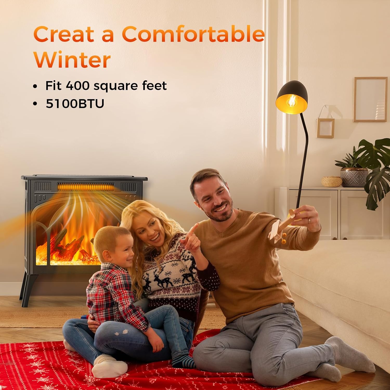 COWSAR Realistic Flame Electric Fireplace Stove, 500/1500W Freestanding Fireplace Heater with Remote Control and Timer, Adjustable Fireplace Stove Flame Color and Speed, Log Set & Crystal Options