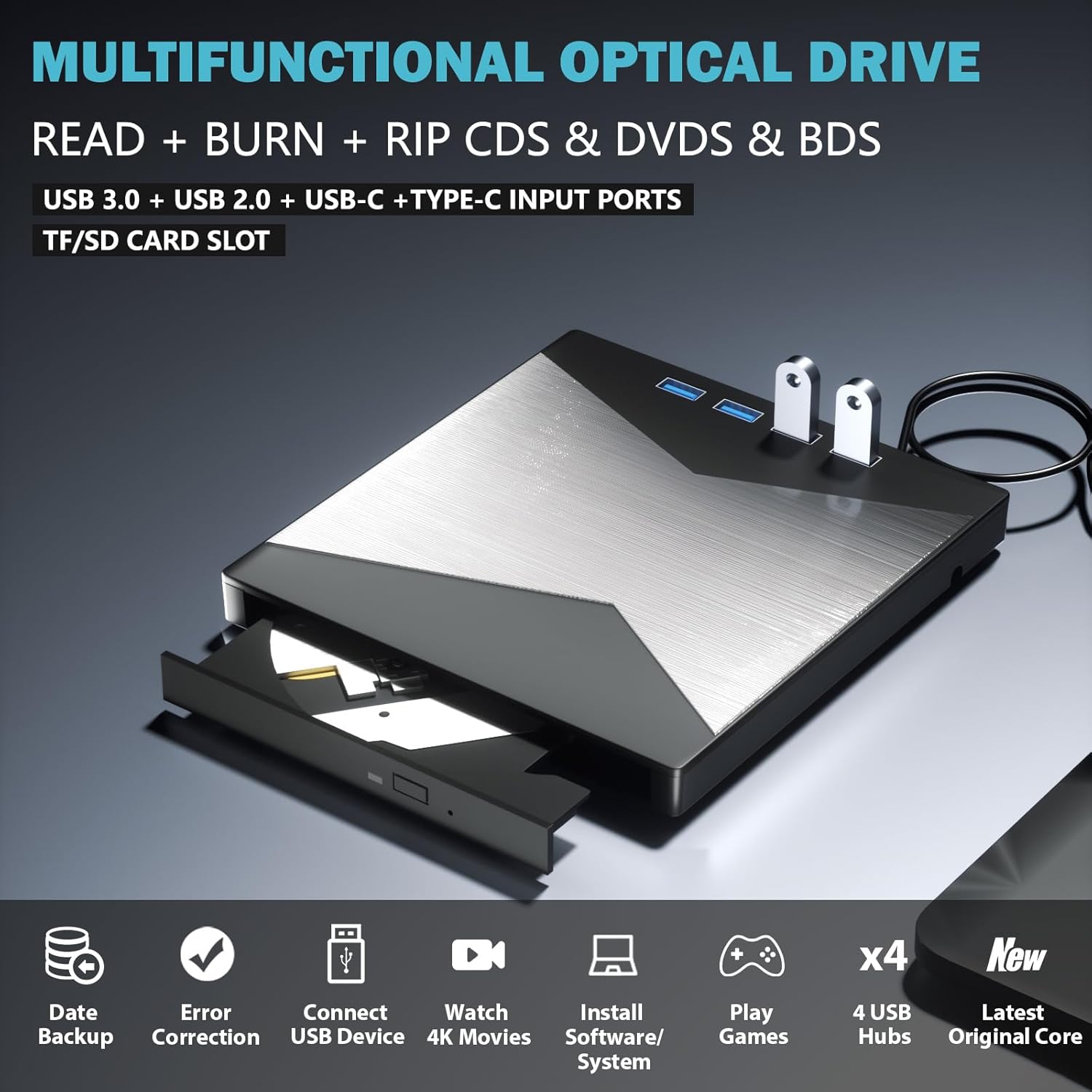 External Blu Ray Drive, 4K Portable Blu Ray Burner USB 3.0 Type-C UHD BD Player with SD/TF Port, CD/DVD Burner R/W 3D Blu Ray Drive, External 4k Blu Ray Drive Compatible with Windows Mac OS Laptop