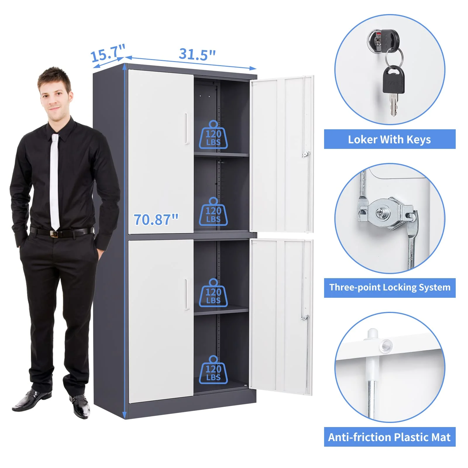 Fesbos Metal Storage Locking Cabinet with 4 Doors and 2 Adjustable Shelves,71" Lockable Garage Tall Steel Cabinet,for Home Office,Living Room,Pantry,Gym,Commercial Storage