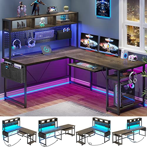 SEDETA L Shaped Gaming Desk, Reversible Computer Desk with Power Outlet and Pegboard, Gaming Desk with Led Lights, Keyboard Tray and Storage Bag for Home Office, Black