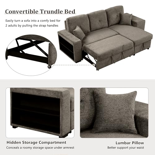 P PURLOVE Sectional Sofa with Pull-Out Sleeper Sofa Bed, Reversible Sectional Sofa with Storage Chaise and 2 Stools, L Shaped Couch Set for Living Room Apartment, Knox Charcoal