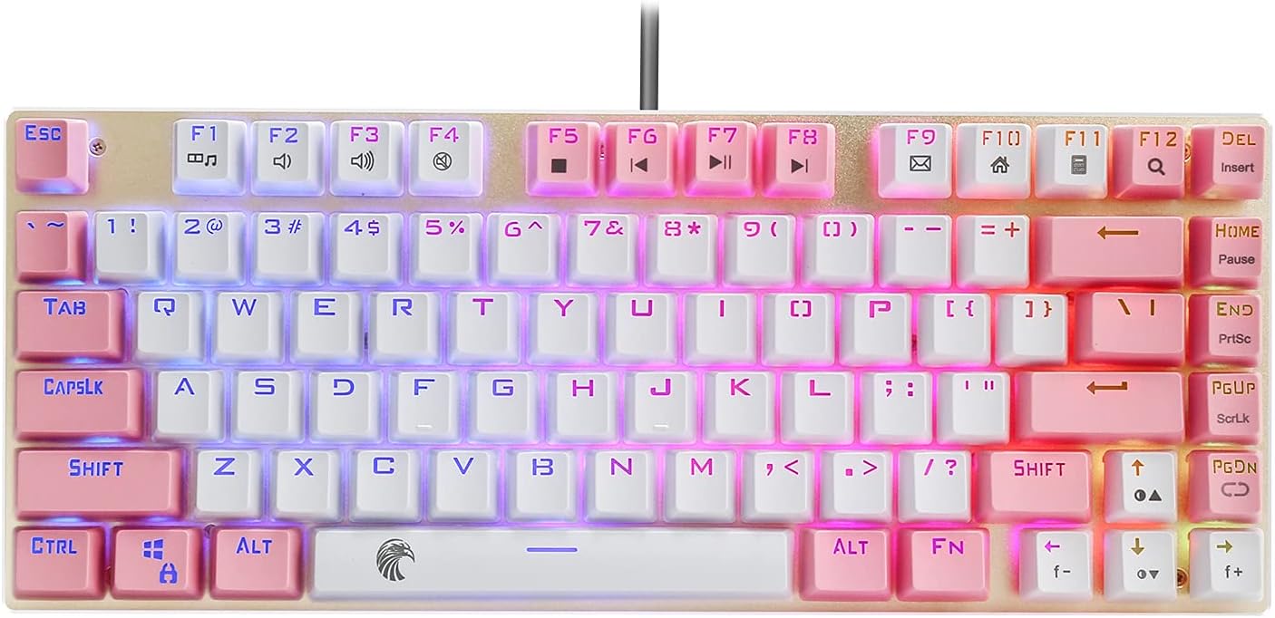 E-Yooso Z-88 RGB Mechanical Gaming Keyboard, Gold Color Metal Panel, Blue Switches - Clicky, 60% Compact 81 Keys Hot Swappable for Mac, PC, White and Pink
