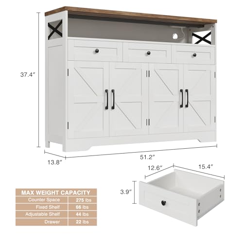 51" L Modern Farmhouse Sideboard Buffet Cabinet, White Storage Cabinet with Drawers & Shelves, Kitchen Pantry Hutch Cabinet, Coffee Bar Station Table for Living Room, Dining Room, Entryway