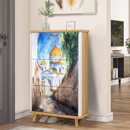 3 Drawer Shoe Cabinet, Artistic Shoe Cabinet, Paris Watercolor Sketch Parisian Streets Houses Tower Street cafes Wood Shoe Rack Organizer for Entryway Slim (31.5”W x 9.45”D 46”H)
