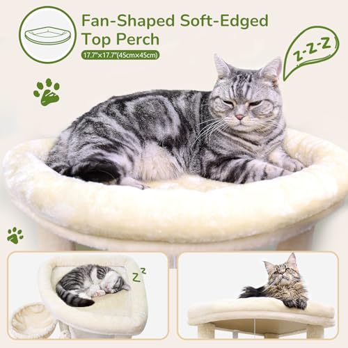 Globlazer Corner Cat Tree for Large Cats, 66inch Tall Curved Series Large Cat Tower for Multiple Indoor Cats with 6 Scratching Posts, 2 Spacious Cat Condos, Hammock, Hanging Basket, C66, Beige
