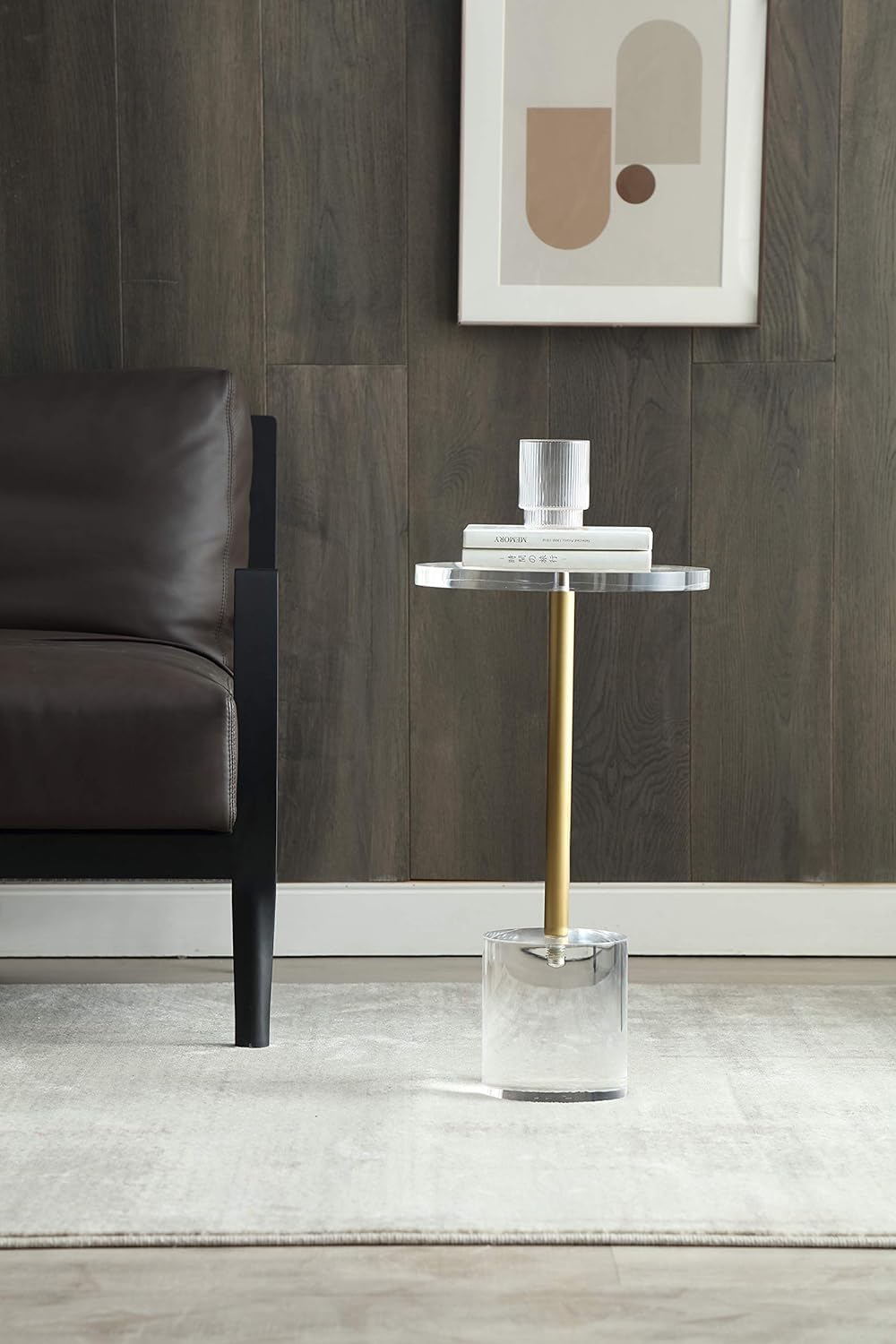 Silver Pole Clear Acrylic End Table,Side Table,Brushed Brass Metal,Round,for Office, Living Room and Bedroom