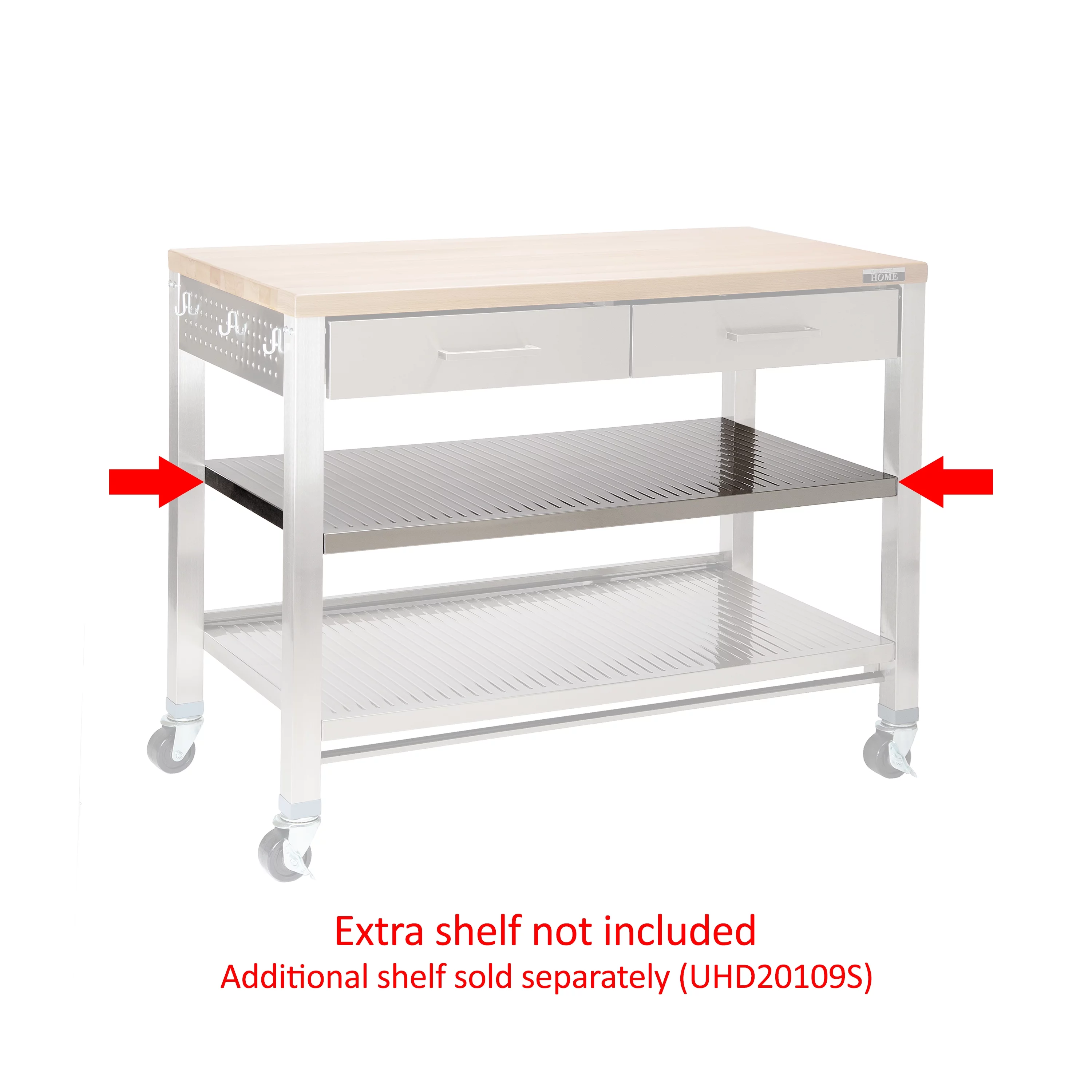 Seville Classics UltraHD Stainless Steel Workcenter Professional Kitchen Island, 2-Drawer, Peg Boards, Steel, Solid Wood Top