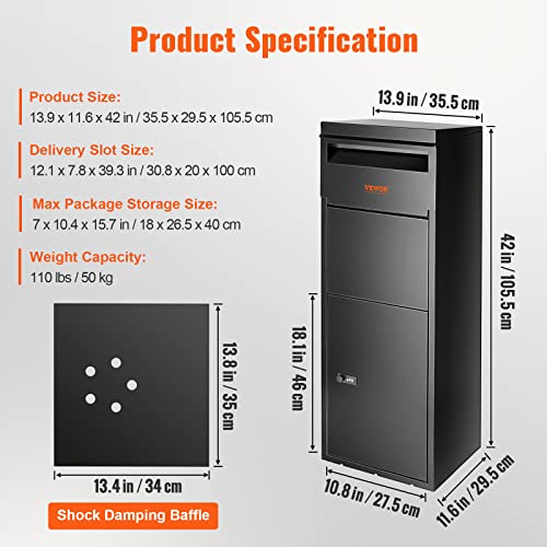 VEVOR Package Delivery Boxes for Outside 16.2"x15.8"x44", Galvanized Steel Package Delivery Box with Coded Lock, Removable Anti-theft Baffle, IPX3 Waterproof Parcel Drop Box for Outside, Porch