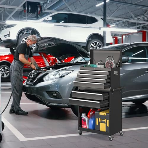 Tool Chest,5-Drawer Rolling Tool Storage Cabinet with Enhanced Packaging, Detachable Top Tool Box, Metal Tool Cart for Garage Workshop,Black, ATC001BK
