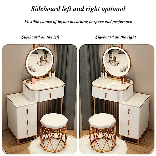 Vanity Set Makeup Dressing Table with Large Round Lighted Mirror, Glass Top, Vanity Table with 4 Drawers Sideboard and Cushioned Stool for Bedroom, Girls Women Gifts
