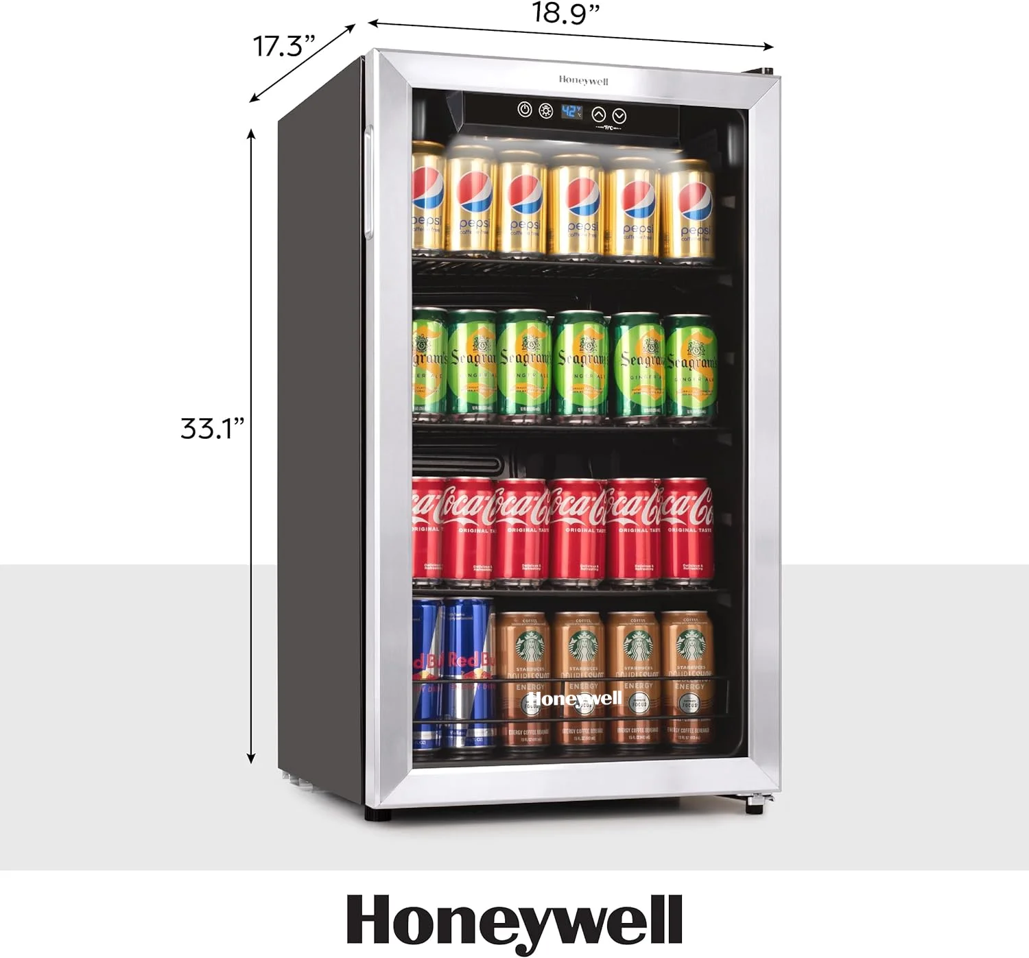 Honeywell Beverage Refrigerator and Cooler, 115 Can Mini Fridge with Glass Door for Soda Beer or Wine for Office or Bar with Adjustable Removable Shelving