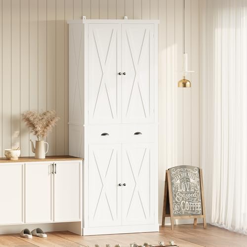 IRONCK Kitchen Pantry Storage Cabinet 72.6" H, with Barn Doors, Drawer, 4 Adjustable Shelves, Freestanding Cupboard for Dining Room Living Room, Laundry, White