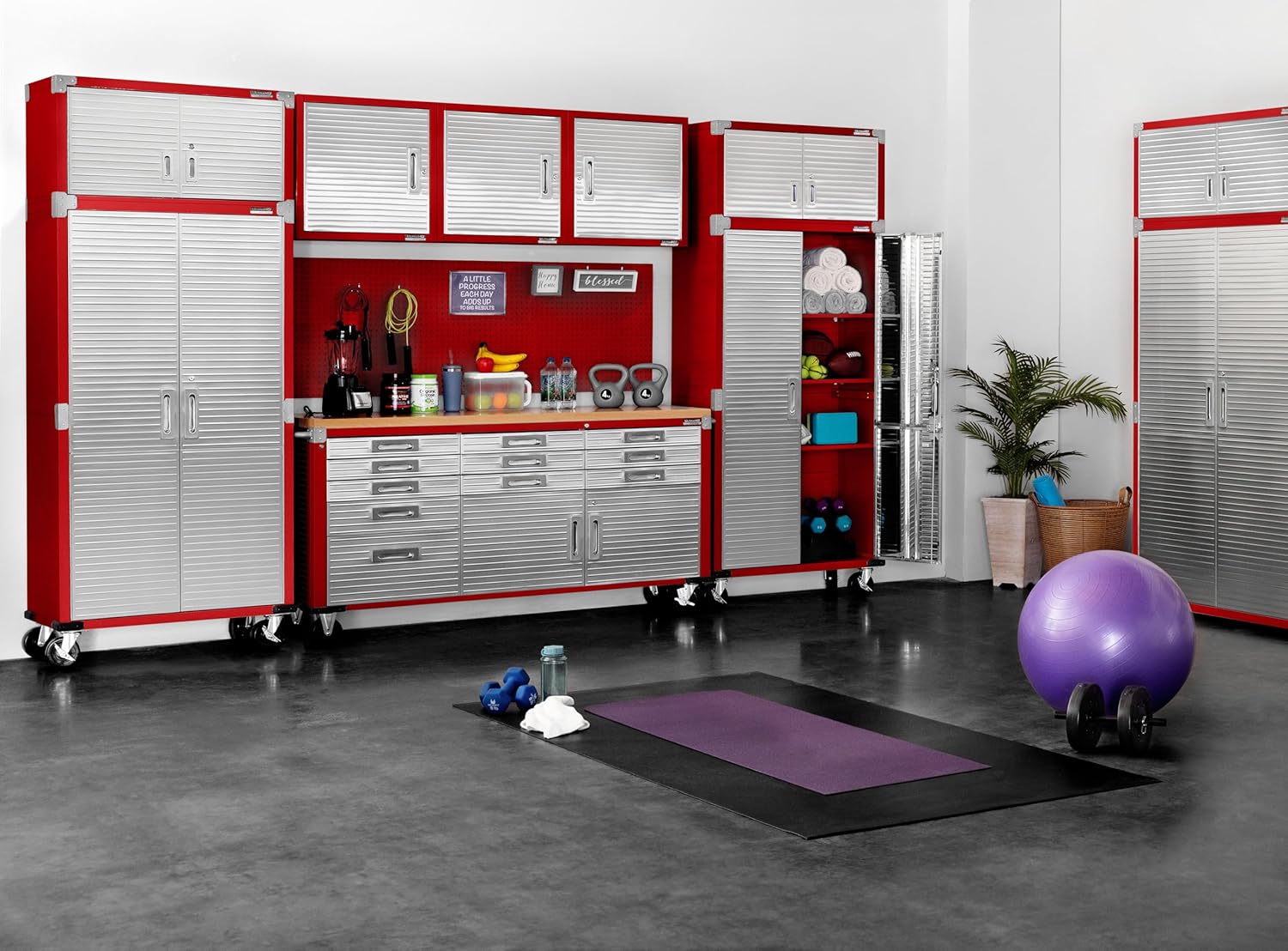 Seville Classics UltraHD 2-Piece Heavy Duty Mega Solid Steel Metal 2-Door Lockable Stacker Wall Storage Cabinet Set Organizer for Garage, Office, Classroom, 36" W x 18" D x 90.5" H, Red