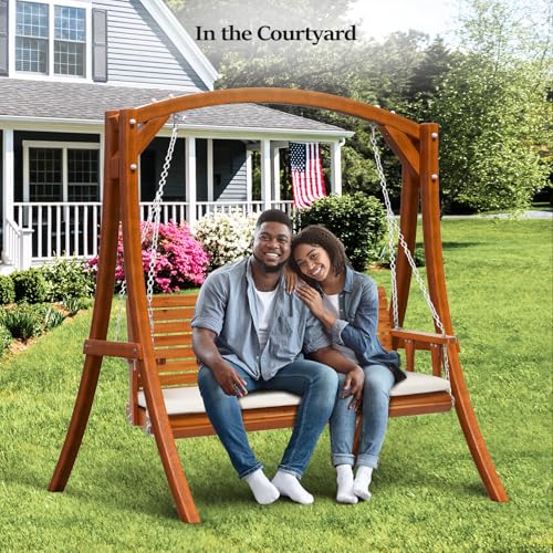 VINGLI Heavy Duty 880 LBS Patio Wooden Porch Swing Outdoor with Extra Cushion, Farmhouse Hanging Bench Tree Swing with Adjustable Chains for Yard | Garden | Lawn | Balcony (5 FT, Rustic)