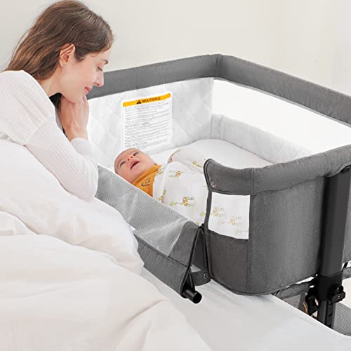 Ihoming Baby Bassinet Bedside Sleeper, 3 in 1 Convertible Design, lnfant Bed & Bed Side Sleeper & Cradle Bassinets, Newborn Bedside Crib Attaches to Bed, Pink