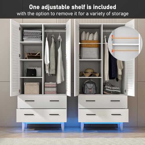 3 Door Armoire Wardrobe Closet Cabinet with Drawers and LED Lights, Multi-Tier Shelves, Hanging Rod & 3 Louver Doors, Large Capacity Storage Wardrobe Armoire for Bedroom, White
